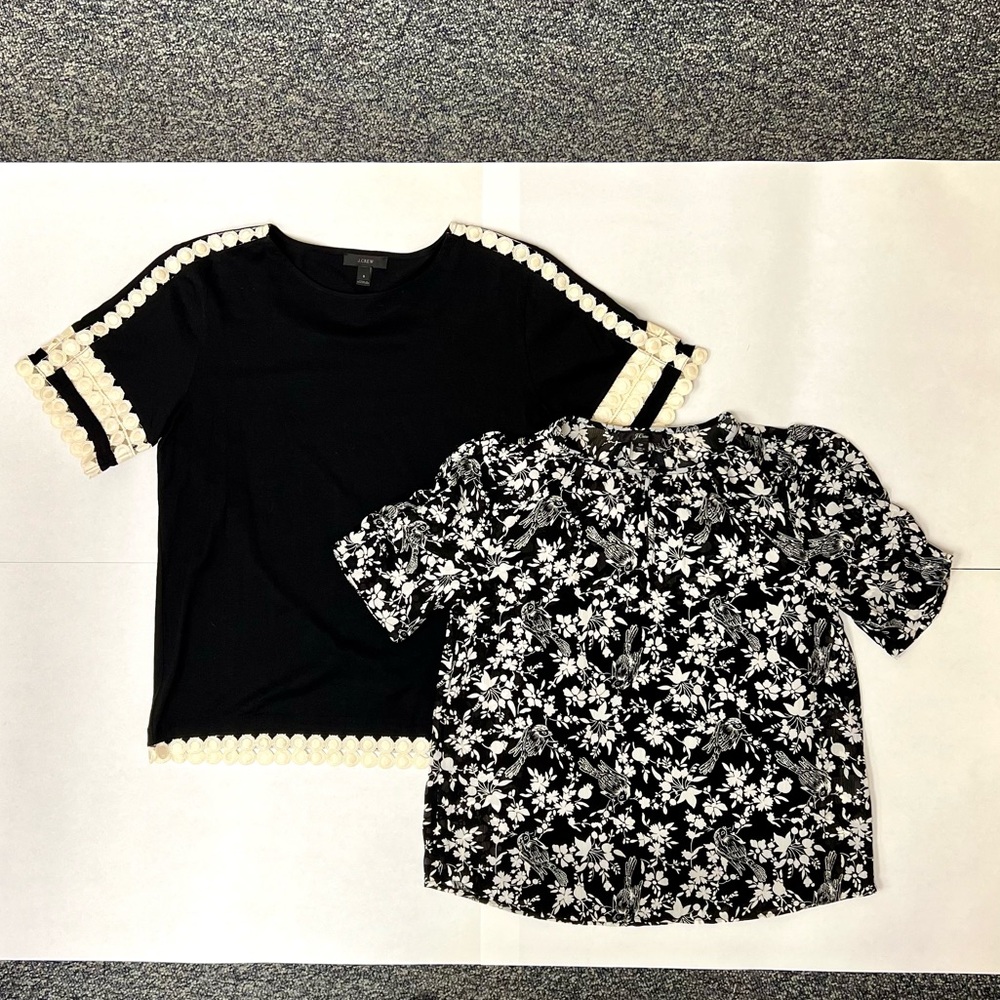 J Crew Shirts size small Black and cream accents, and SP black with white birds